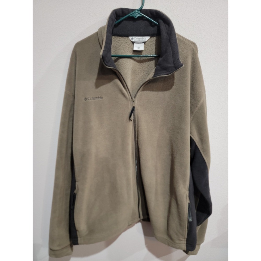 Columbia Jacket Mens 2XL Full Zip Green/gray Soft Fleece 2 Zip Pockets Logo